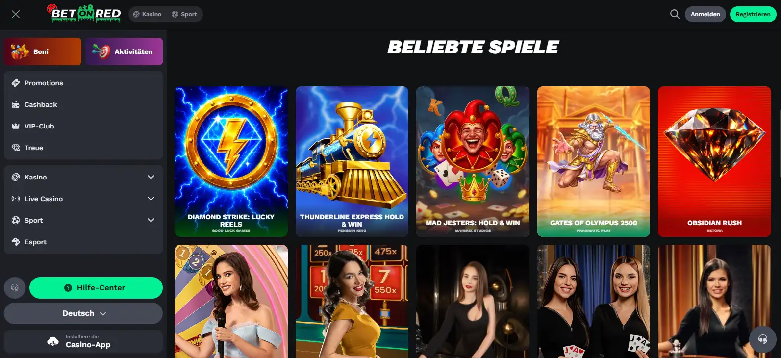 Navigation der BetOnRed-Website mit Sportwettenbereich