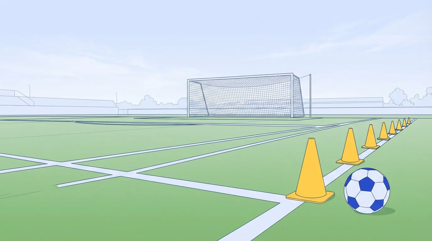 Trainingskegel neben Fußbällen und einem Tornetz am Spielfeldrand