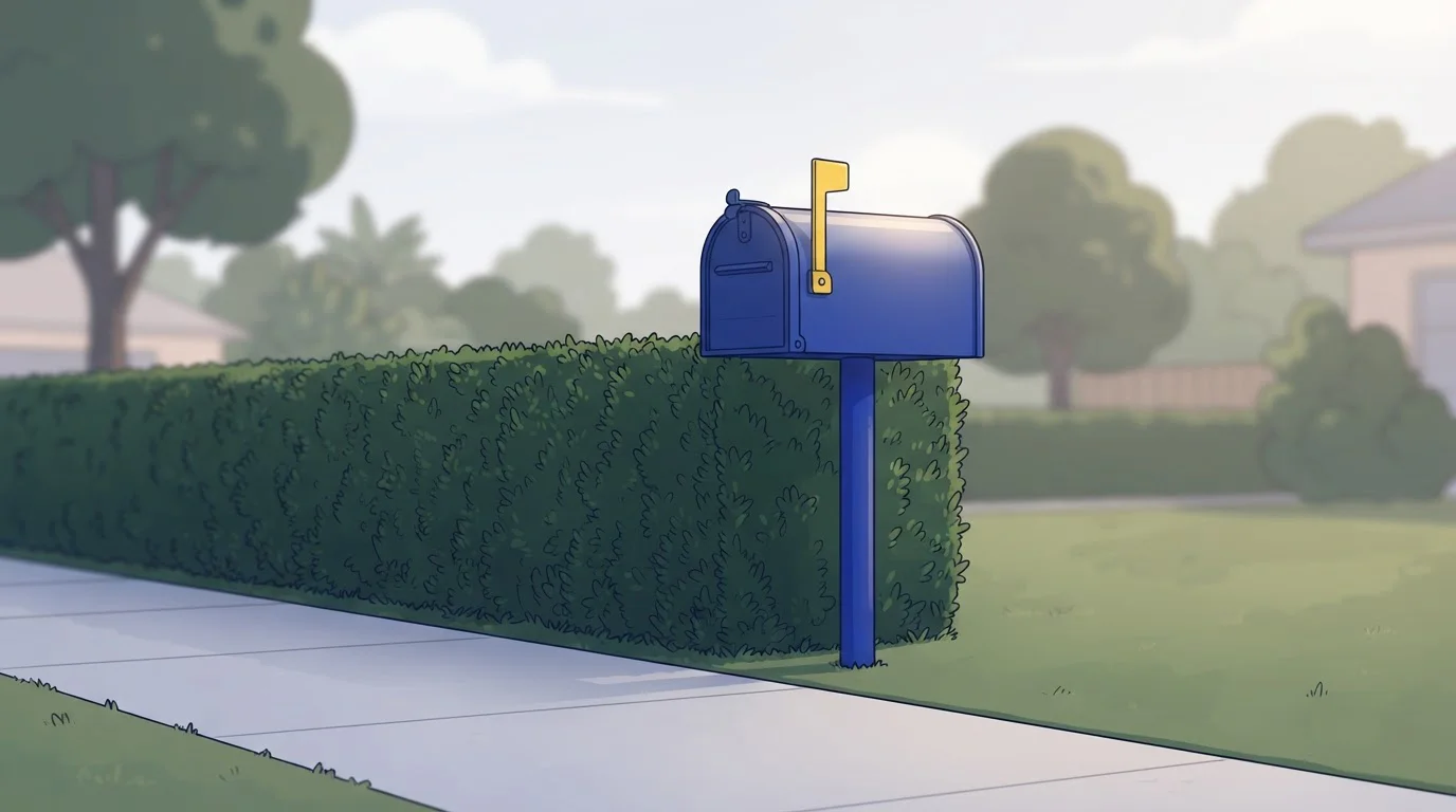 Freistehender Briefkasten neben einer Hecke
